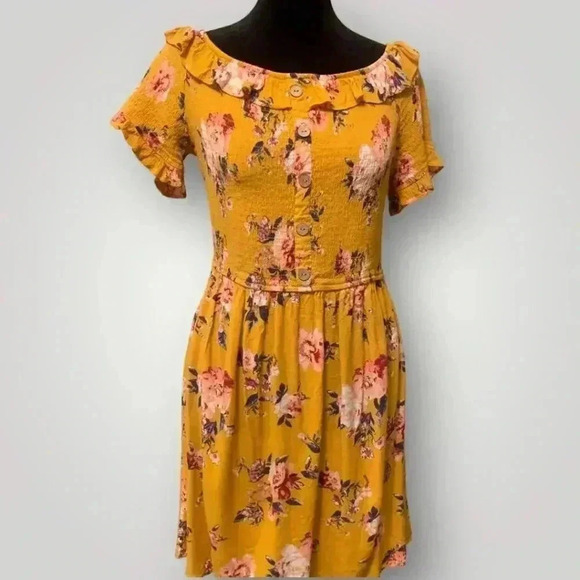 Xhilaration Yellow Floral Print Ruffled Smocked Bodice Off-Shoulder Mini Dress - Picture 5 of 14